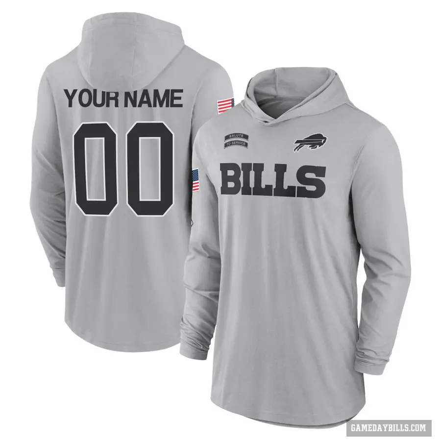 Men's ＃00 Custom Buffalo Bills Gray 2024 Salute to Service Lightweight Performance Long Sleeve Hooded T-Shirt