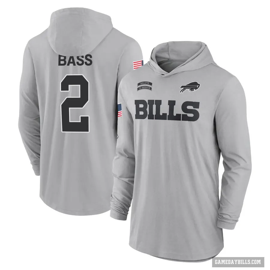 Men's ＃2 Tyler Bass Buffalo Bills Gray 2024 Salute to Service Lightweight Performance Long Sleeve Hooded T-Shirt