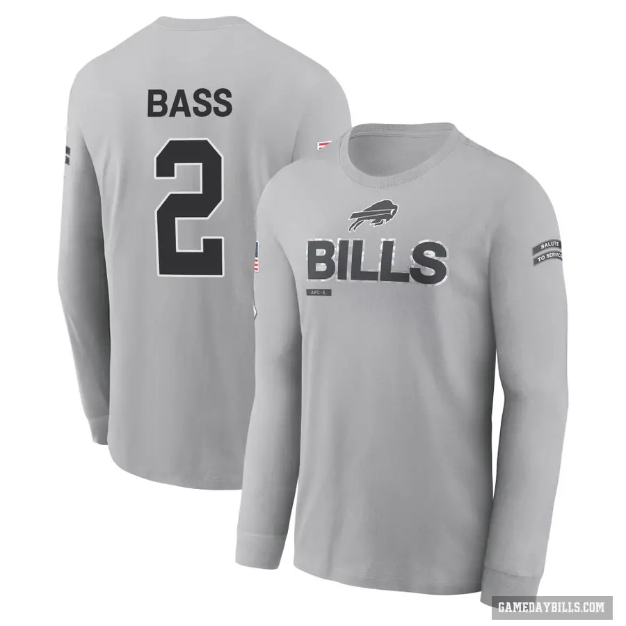 Men's ＃2 Tyler Bass Buffalo Bills Gray 2024 Salute to Service Long Sleeve T-Shirt