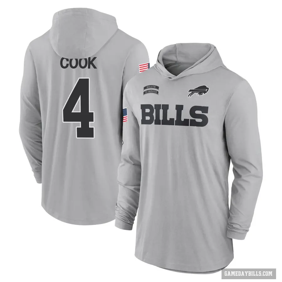 Men's ＃4 James Cook Buffalo Bills Gray 2024 Salute to Service Lightweight Performance Long Sleeve Hooded T-Shirt