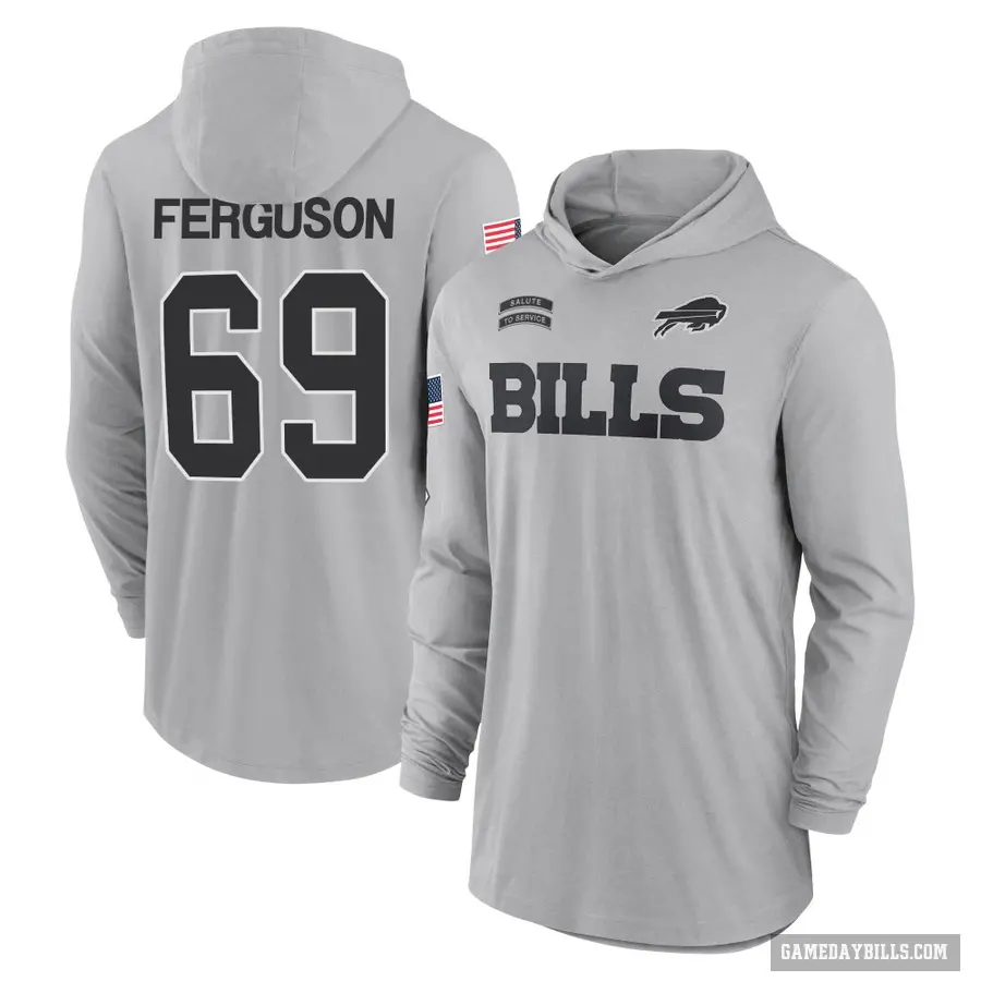 Men's ＃69 Reid Ferguson Buffalo Bills Gray 2024 Salute to Service Lightweight Performance Long Sleeve Hooded T-Shirt