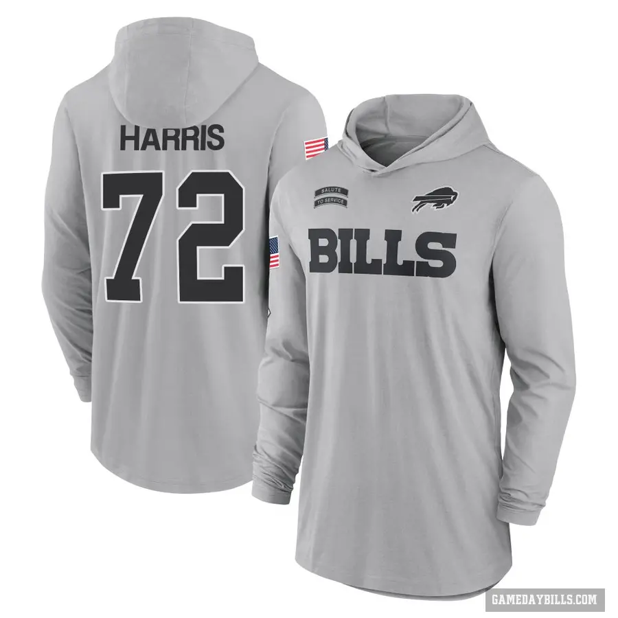 Men's ＃72 Marcus Harris Buffalo Bills Gray 2024 Salute to Service Lightweight Performance Long Sleeve Hooded T-Shirt