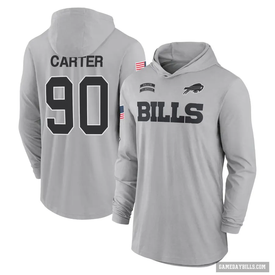 Men's ＃90 DeWayne Carter Buffalo Bills Gray 2024 Salute to Service Lightweight Performance Long Sleeve Hooded T-Shirt