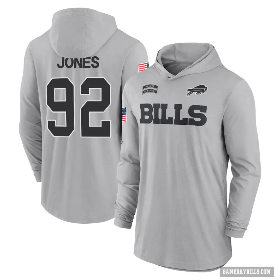 Men's ＃92 DaQuan Jones Buffalo Bills Gray 2024 Salute to Service Lightweight Performance Long Sleeve Hooded T-Shirt