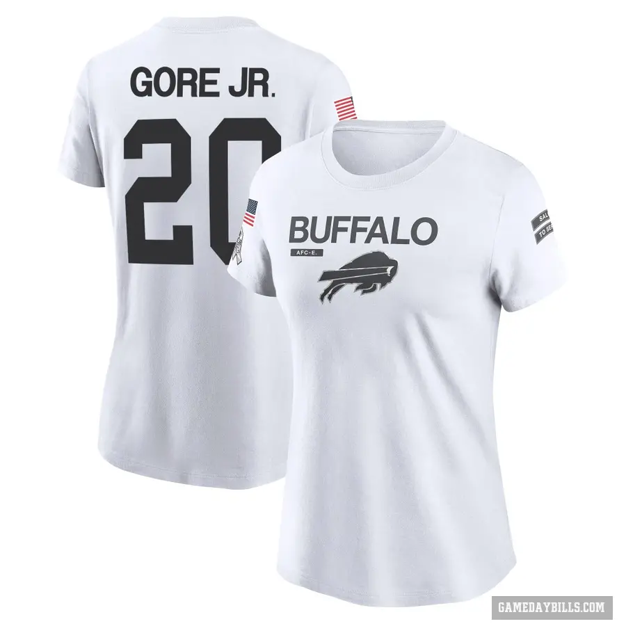 Women's ＃20 Frank Gore Jr. Buffalo Bills White 2024 Salute to Service Performance T-Shirt