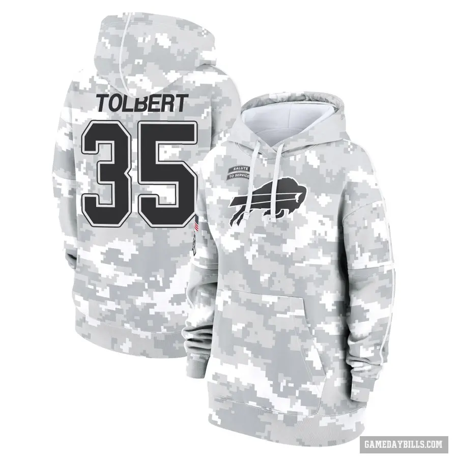 Women's ＃35 Mike Tolbert Buffalo Bills Arctic Camo 2024 Salute to Service Club Fleece Pullover Hoodie
