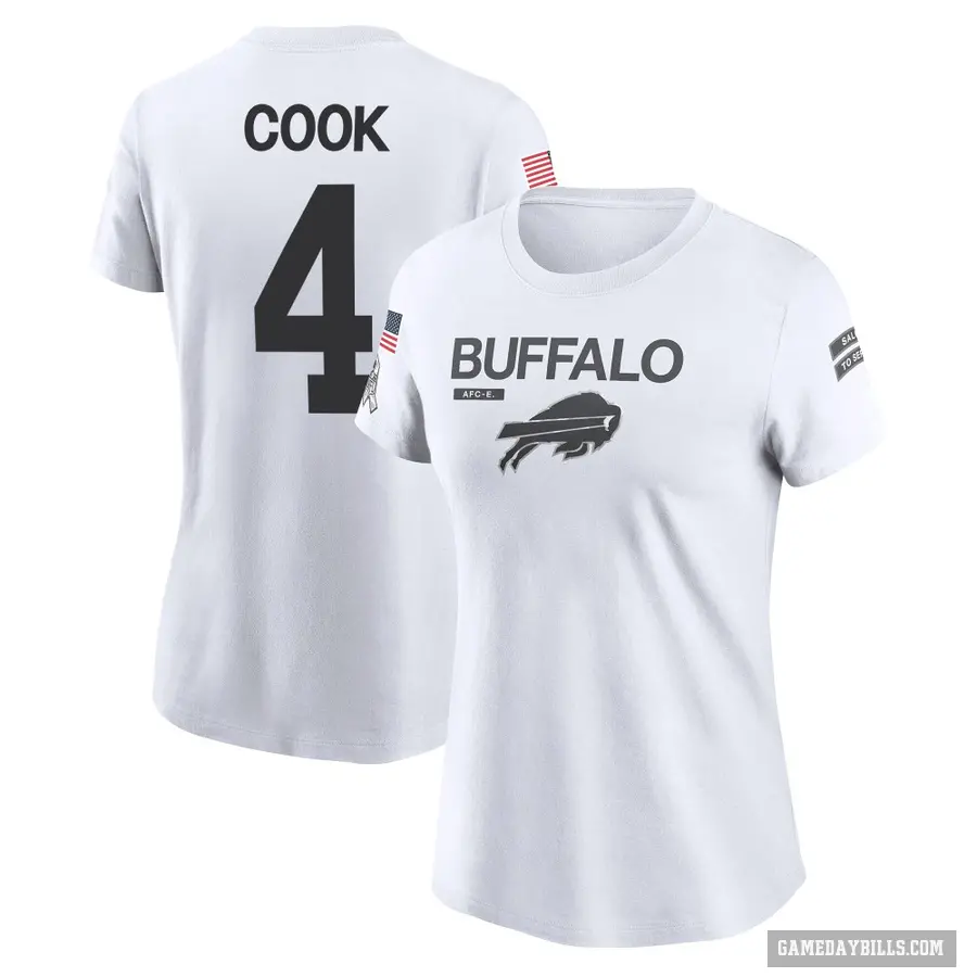 Women's ＃4 James Cook Buffalo Bills White 2024 Salute to Service Performance T-Shirt