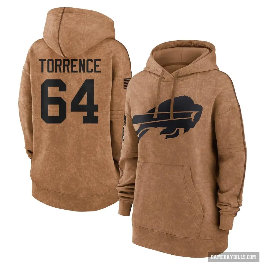 Women's ＃64 O'Cyrus Torrence Buffalo Bills Brown 2023 Salute To Service Pullover Hoodie