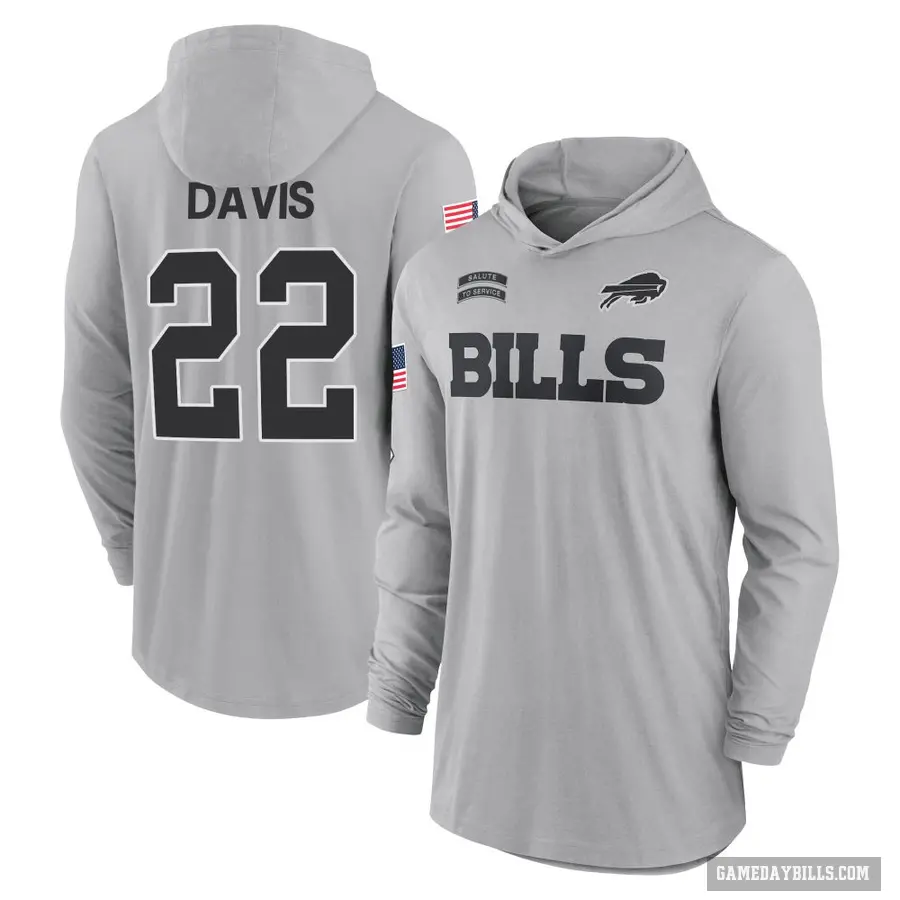 Youth ＃22 Ray Davis Buffalo Bills Gray 2024 Salute to Service Lightweight Performance Long Sleeve Hooded T-Shirt