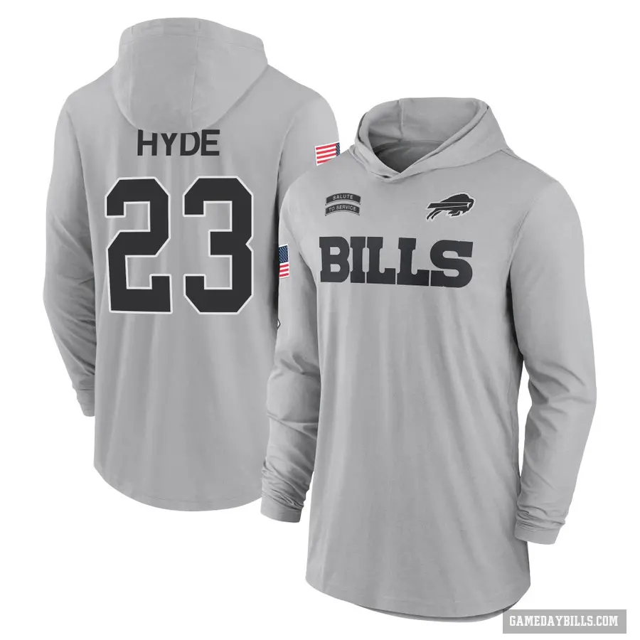 Youth ＃23 Micah Hyde Buffalo Bills Gray 2024 Salute to Service Lightweight Performance Long Sleeve Hooded T-Shirt