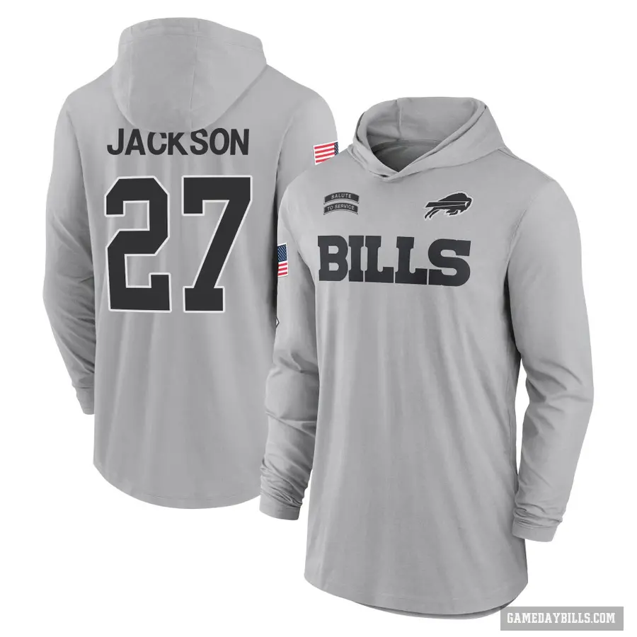 Youth ＃27 Kareem Jackson Buffalo Bills Gray 2024 Salute to Service Lightweight Performance Long Sleeve Hooded T-Shirt