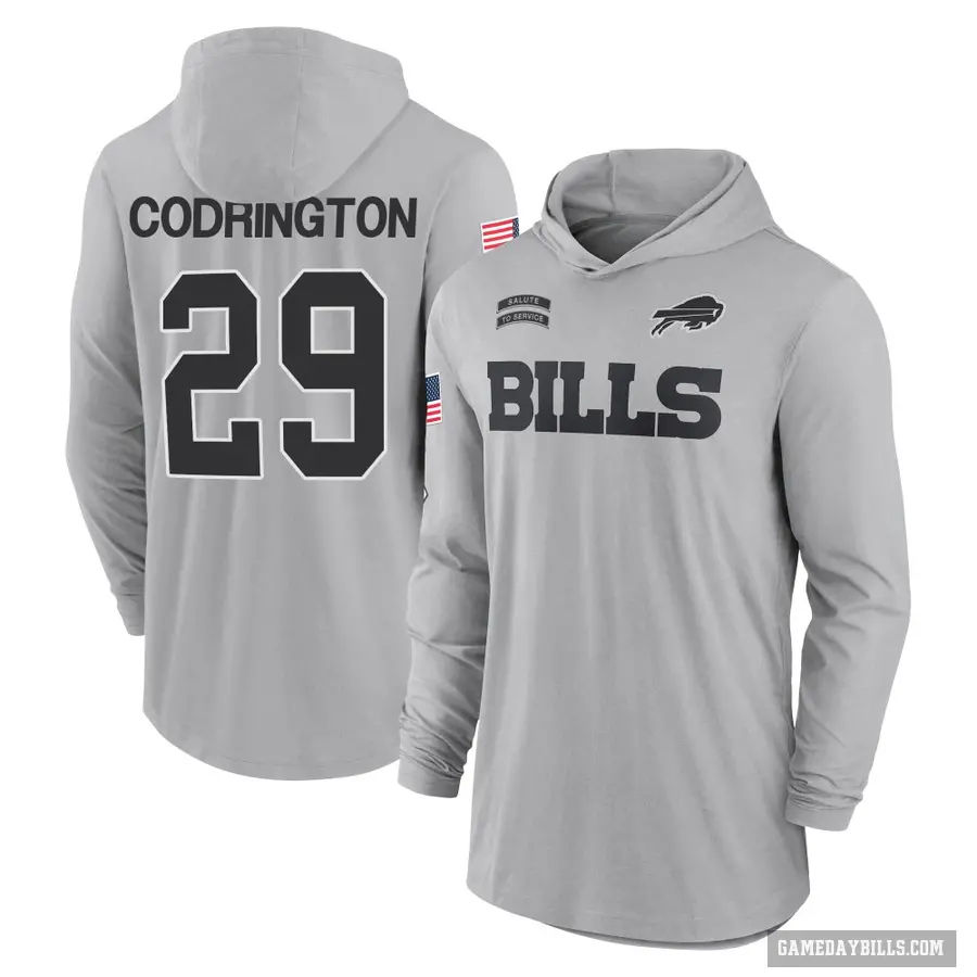 Youth ＃29 Brandon Codrington Buffalo Bills Gray 2024 Salute to Service Lightweight Performance Long Sleeve Hooded T-Shirt