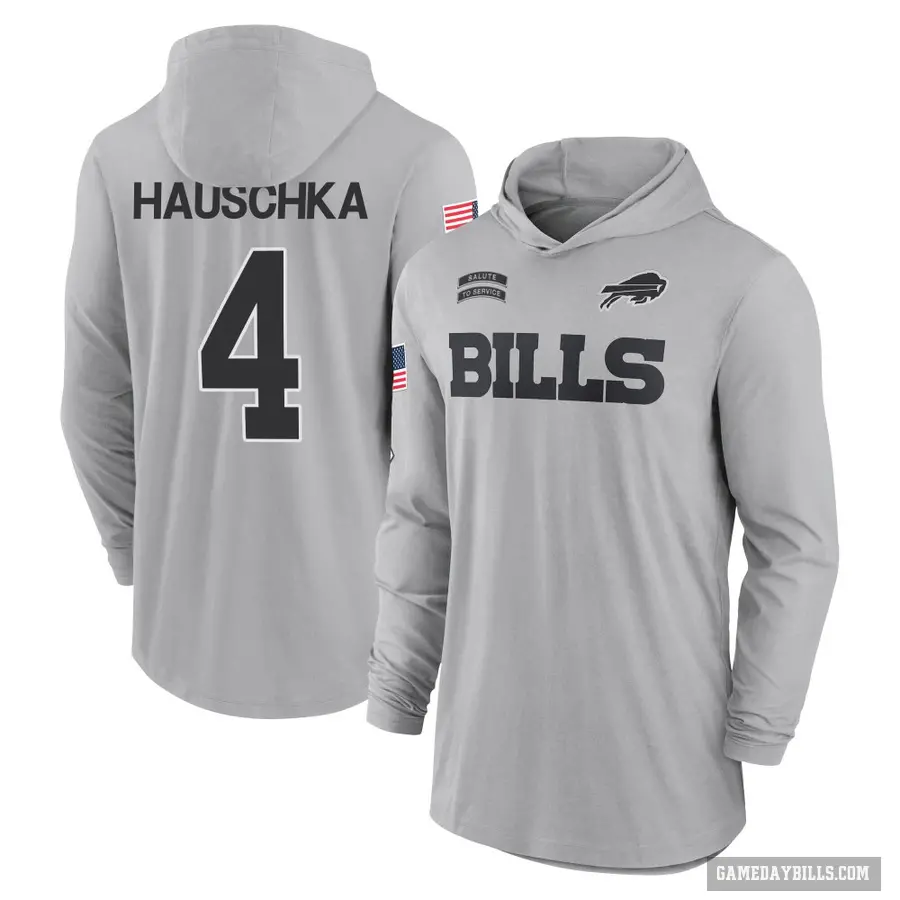 Youth ＃4 Stephen Hauschka Buffalo Bills Gray 2024 Salute to Service Lightweight Performance Long Sleeve Hooded T-Shirt