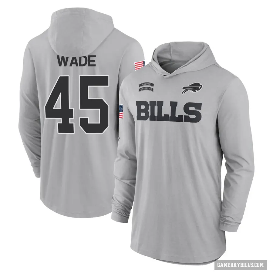 Youth ＃45 Christian Wade Buffalo Bills Gray 2024 Salute to Service Lightweight Performance Long Sleeve Hooded T-Shirt