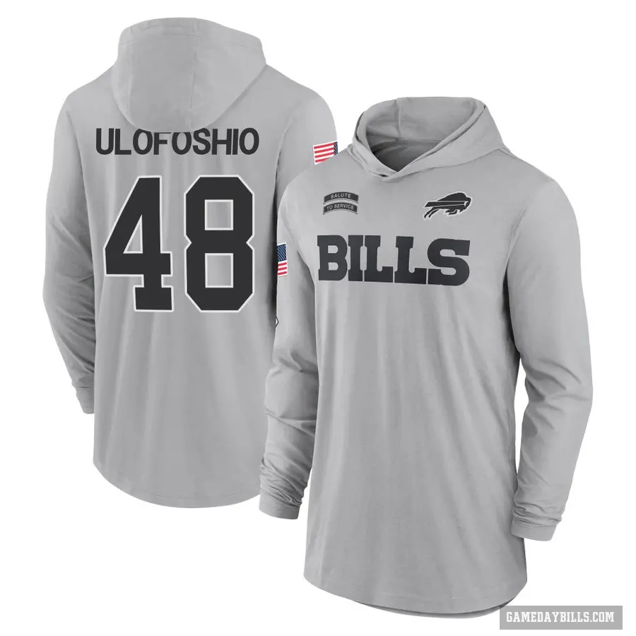 Youth ＃48 Edefuan Ulofoshio Buffalo Bills Gray 2024 Salute to Service Lightweight Performance Long Sleeve Hooded T-Shirt