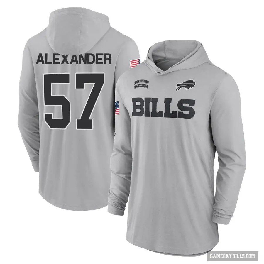 Youth ＃57 Lorenzo Alexander Buffalo Bills Gray 2024 Salute to Service Lightweight Performance Long Sleeve Hooded T-Shirt