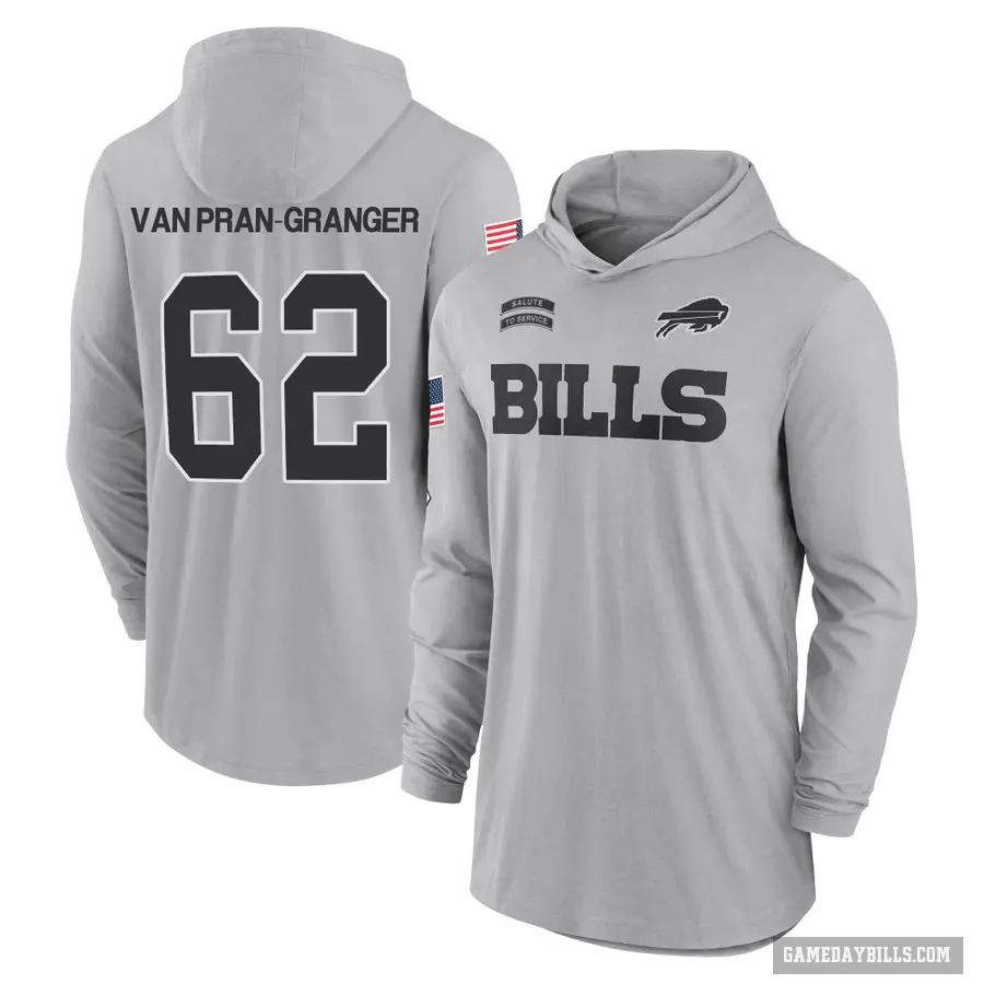 Youth ＃62 Sedrick Van Pran-Granger Buffalo Bills Gray 2024 Salute to Service Lightweight Performance Long Sleeve Hooded T-Shirt
