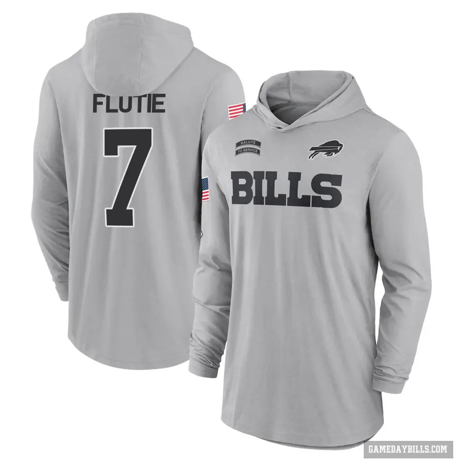 Youth ＃7 Doug Flutie Buffalo Bills Gray 2024 Salute to Service Lightweight Performance Long Sleeve Hooded T-Shirt