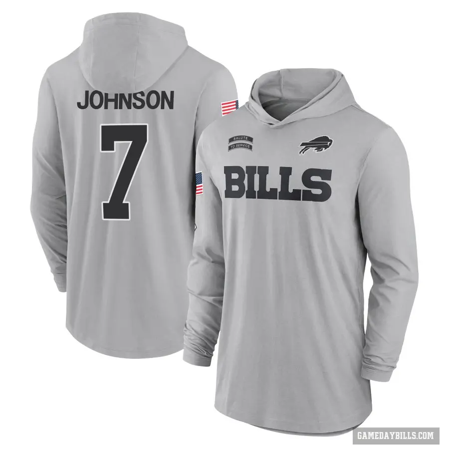Youth ＃7 Taron Johnson Buffalo Bills Gray 2024 Salute to Service Lightweight Performance Long Sleeve Hooded T-Shirt