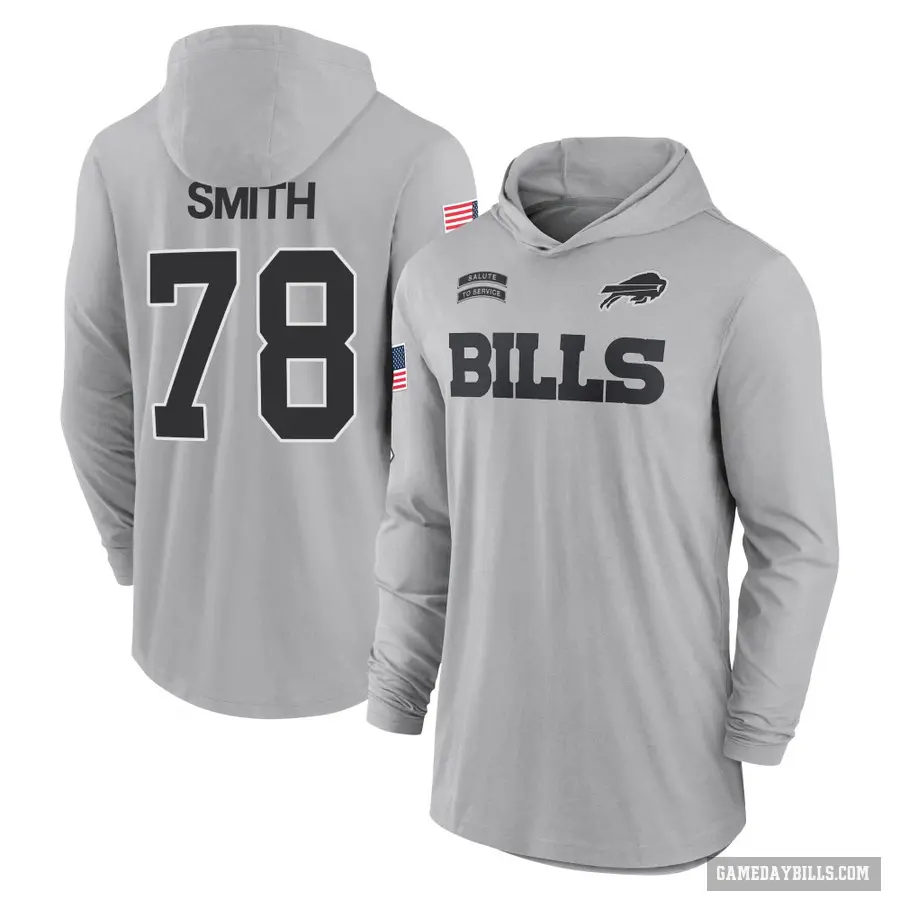 Youth ＃78 Bruce Smith Buffalo Bills Gray 2024 Salute to Service Lightweight Performance Long Sleeve Hooded T-Shirt