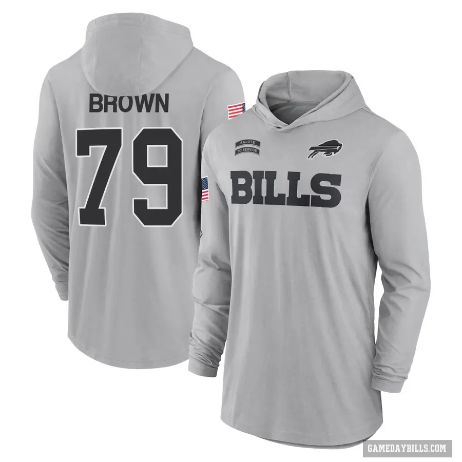 Youth ＃79 Spencer Brown Buffalo Bills Brown Gray 2024 Salute to Service Lightweight Performance Long Sleeve Hooded T-Shirt