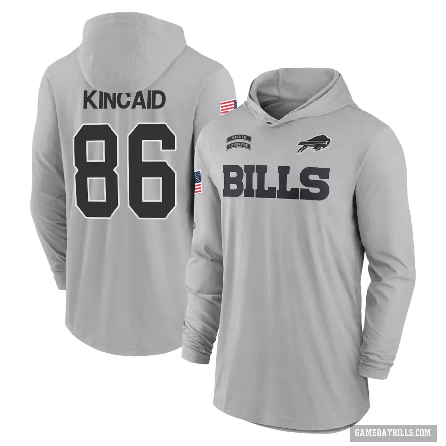 Youth ＃86 Dalton Kincaid Buffalo Bills Gray 2024 Salute to Service Lightweight Performance Long Sleeve Hooded T-Shirt