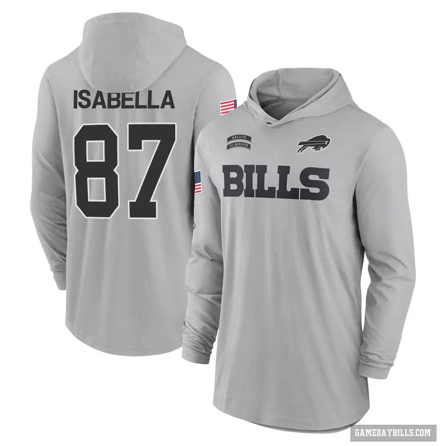 Youth ＃87 Andy Isabella Buffalo Bills Gray 2024 Salute to Service Lightweight Performance Long Sleeve Hooded T-Shirt