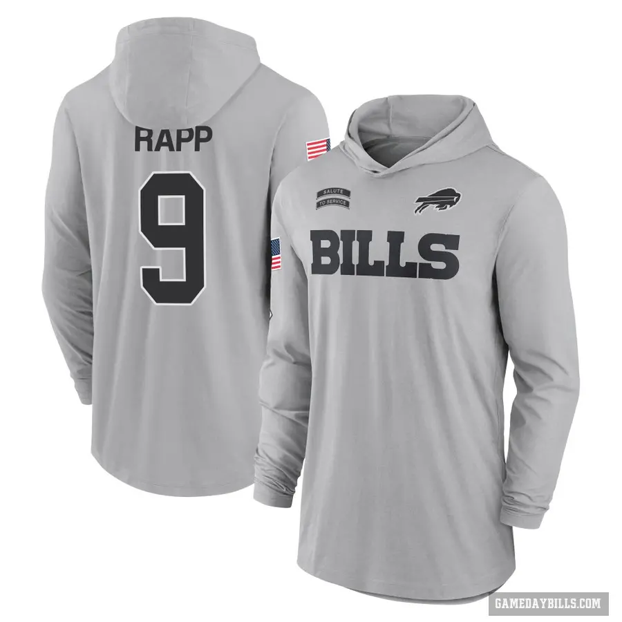 Youth ＃9 Taylor Rapp Buffalo Bills Gray 2024 Salute to Service Lightweight Performance Long Sleeve Hooded T-Shirt