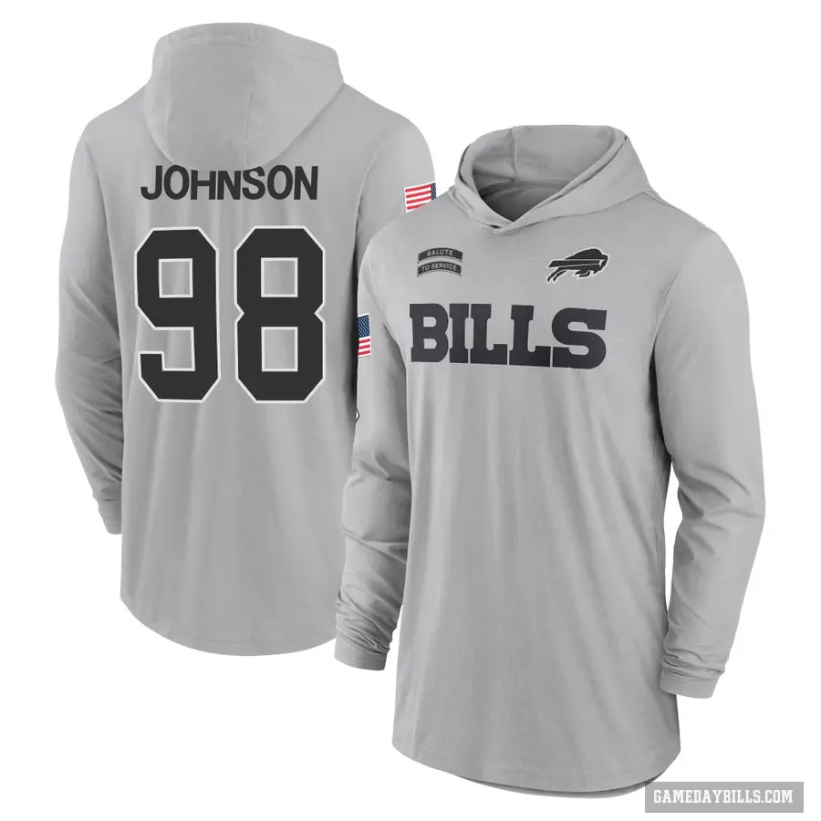 Youth ＃98 Austin Johnson Buffalo Bills Gray 2024 Salute to Service Lightweight Performance Long Sleeve Hooded T-Shirt