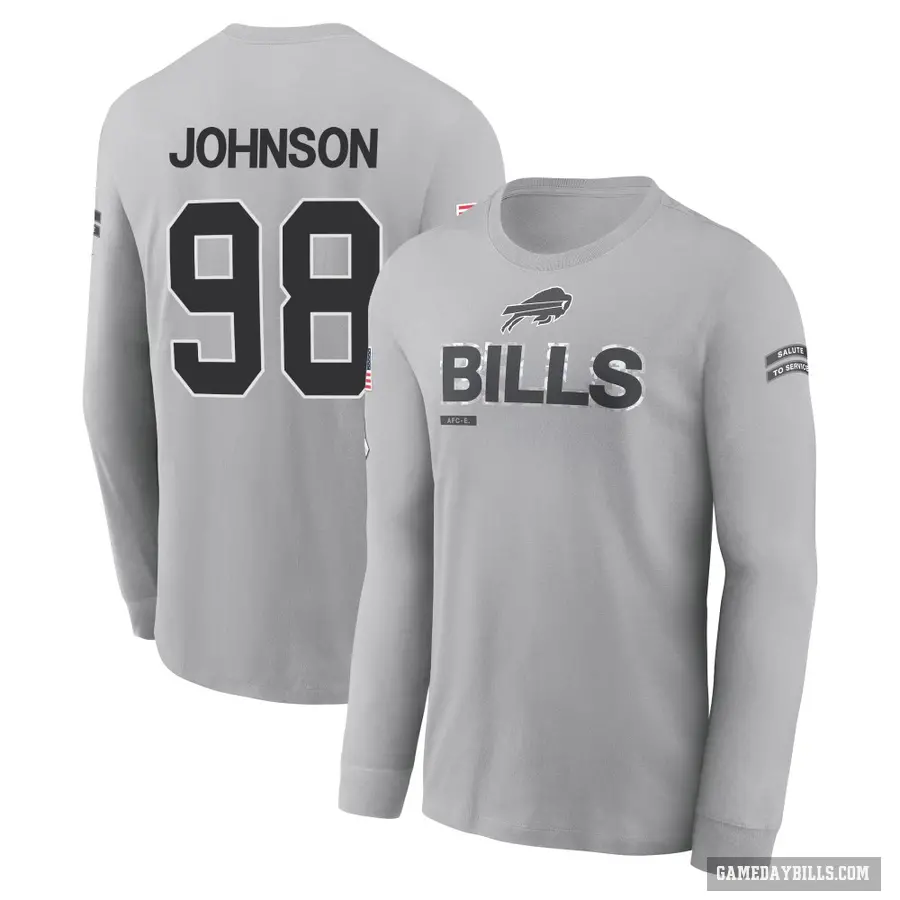 Youth ＃98 Austin Johnson Buffalo Bills Gray 2024 Salute to Service Long Sleeve T-Shirt